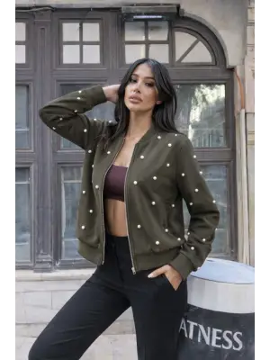 Kadın Uzun Kollu önden Fermuarlı Incili Kısa Modal Ceket