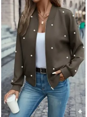 Kadın Uzun Kollu Önden Fermuarlı Incili Kısa Ceket