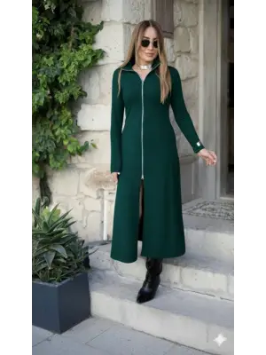 Kadın Uzun Kollu önden Fermuarlı Ithal Krep Elbise