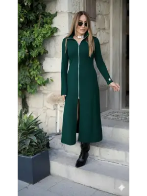 Kadın Uzun Kollu önden Fermuarlı Ithal Krep Elbise