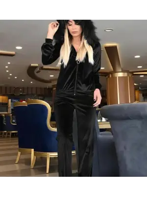 Kadın Uzun Kollu önden Fermuarlı Kapşon Tüy Detaylı Kadife Bluz Ve Pantolon Ikili Takım
