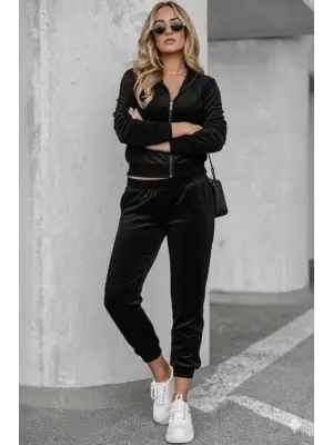 Kadın Uzun Kollu önden Fermuarlı Krop Kadife Ceket Ve Pantolon Ikili Takım