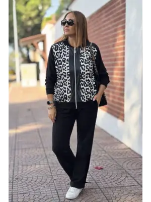 Kadın Uzun Kollu önden Fermuarlı Leopar Desenli Viskon Iki Iplik Bluz Ve Pantolon Ikili Takım