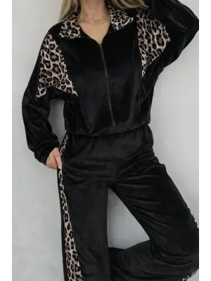 Kadın Uzun Kollu Leopar Detaylı Kadife Bluz Ve Pantolon Ikili Takım