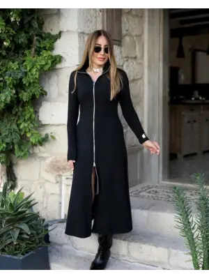 Kadın Uzun Kollu önden Fermuarlı Maxi Viskon Iki Iplik Elbise