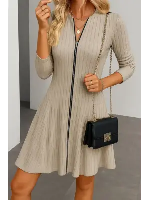 Kadın Uzun Kollu önden Fermuarlı Pileli şardonlu Kaşkorse Mini Elbise