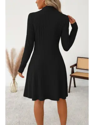 Kadın Uzun Kollu önden Fermuarlı Pileli şardonlu Kaşkorse Mini Elbise