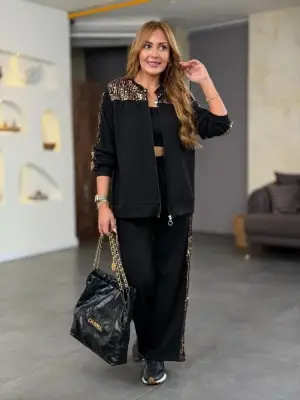 Kadın Uzun Kollu önden Fermuarlı Pulpayet Detaylı Bluz Ve Pantolon Ikili Takım