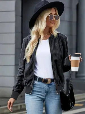 Kadın Uzun Kollu önden Fermuarlı Süet Ceket