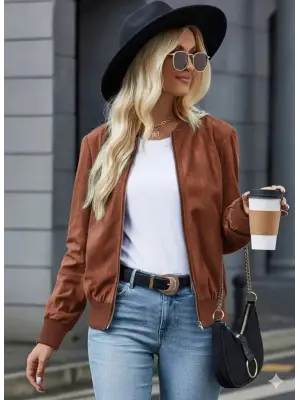 Kadın Uzun Kollu önden Fermuarlı Süet Ceket