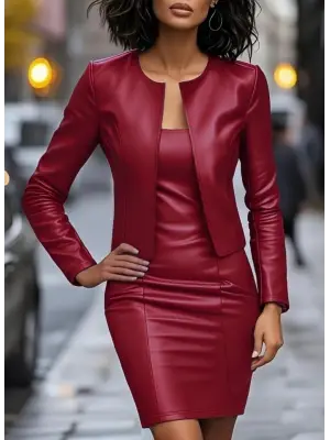 Kadın Uzun Kollu önü Açık Deri Ceket Ve Askılı Yuvarlak Yakalı Mini Elbise Ikili Takım