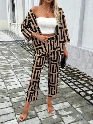 Kadın Uzun Kollu önü Açık Desenli Iki Iplik Ceket Ve Pantolon Ikili Takım