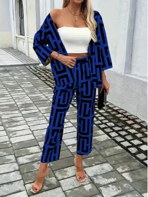 Kadın Uzun Kollu önü Açık Desenli Iki Iplik Ceket Ve Pantolon Ikili Takım