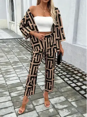 Kadın Uzun Kollu önü Açık Desenli Iki Iplik Ceket Ve Pantolon Ikili Takım