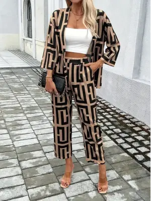 Kadın Uzun Kollu önü Açık Desenli Iki Iplik Ceket Ve Pantolon Ikili Takım