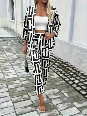 Kadın Uzun Kollu önü Açık Desenli Iki Iplik Ceket Ve Pantolon Ikili Takım