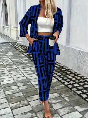 Kadın Uzun Kollu önü Açık Desenli Iki Iplik Ceket Ve Pantolon Ikili Takım