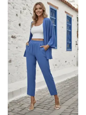 Kadın Uzun Kollu önü Açık Dokuma Ceket Ve Pantolon Ikili Takım