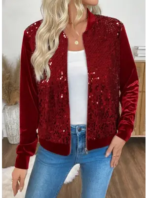 Kadın Uzun Kollu önü Açık Fermuarlı Pulpayetli Kadife Ceket