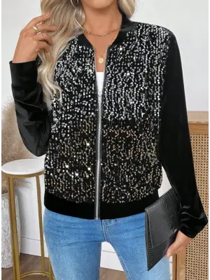 Kadın Uzun Kollu önü Açık Fermuarlı Pulpayetli Kadife Ceket