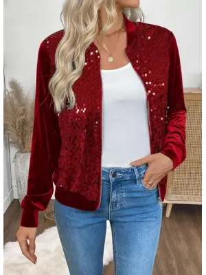 Kadın Uzun Kollu önü Açık Fermuarlı Pulpayetli Kadife Ceket