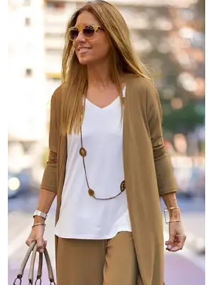 Kadın Uzun Kollu önü Açık Viskon Ceket Ve Pantolon Ikili Takım