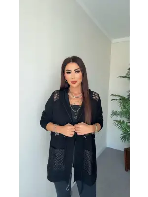 Kadın Uzun Kollu önü Fermuarlı File Detaylı Belden Bağcıklı Kısa Modal Ceket