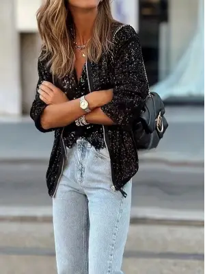 Kadın Uzun Kollu Fermuarlı Kısa Pulpayet Ceket Kadın Giyim