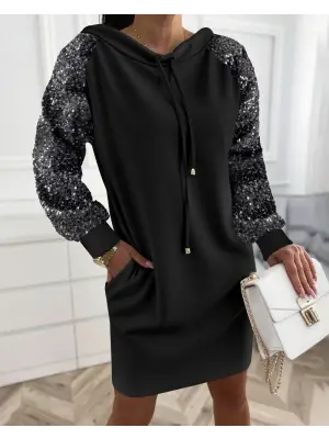 Kadın Uzun Kollu Pulpayetli Bağcıklı Cep Detaylı Mini Viskon Iki Iplik Elbise