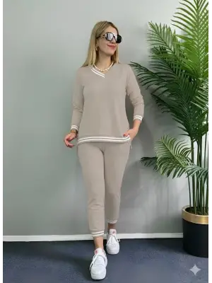 Kadın Uzun Kollu Ribana Detay Viskon Iki Iplik Ikili Takım