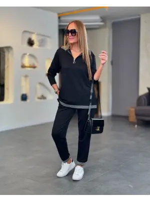 Kadın Uzun Kollu Ribana Ve Fermuar Detay Bluz Ve Yüksel Bel Pantolon 2li Takım