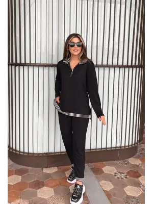 Kadın Uzun Kollu Ribana Ve Fermuar Detay Bluz Ve Yüksel Bel Pantolon 2li Takım