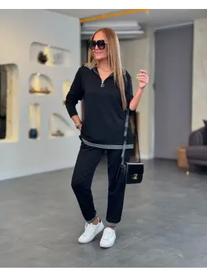 Kadın Uzun Kollu Ribana Ve Fermuar Detay Bluz Ve Yüksel Bel Pantolon 2li Takım