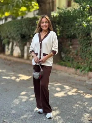 Kadın Uzun Kollu Ribanali Cep Detay Hırka Ve Bol Paça Pantolon Ikili Takım