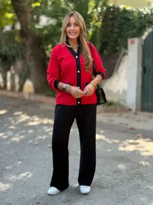 Kadın Uzun Kollu Ribanali Cep Detay Hırka Ve Bol Paça Pantolon Ikili Takım