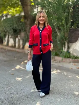 Kadın Uzun Kollu Ribanali Cep Detay Hırka Ve Bol Paça Pantolon Ikili Takım