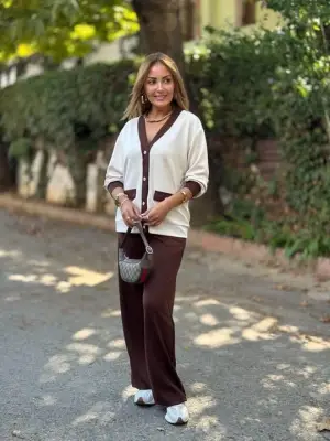 Kadın Uzun Kollu Ribanali Cep Detay Hırka Ve Bol Paça Pantolon Ikili Takım