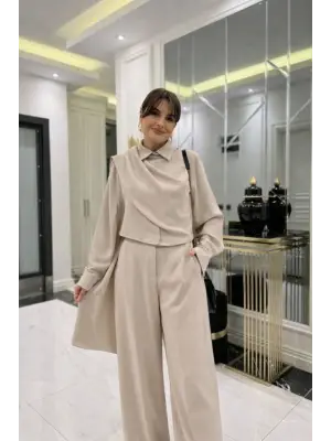 Kadın Uzun Kollu şal Detaylı Bluz Ve Pantolon Ikili Takım