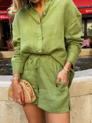 Kadın Uzun Kollu Salaş Gömlek Ve şort Keten Ikili Takım