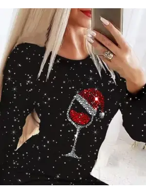 Kadın Uzun Kollu Taş Kadeh Baskı Mikro Kumaş Mini Boy Elbise (çorapsız)