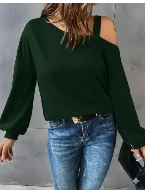 Kadın Uzun Kollu Tek Omuz Askı Detay Salaş Viskon Iki Iplik Bluz