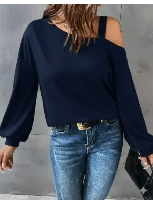 Kadın Uzun Kollu Tek Omuz Askı Detay Salaş Viskon Iki Iplik Bluz