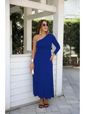 Uzun Kollu Tek Omuz Detaylı Şık Elbise