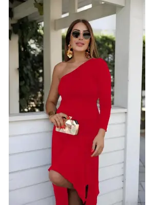Kadın Uzun Kollu Tek Omuz Detay Krep Elbise