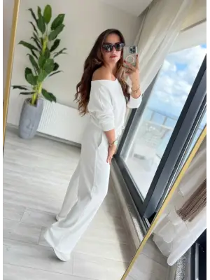 Kadın Uzun Kollu Tek Omuzdan Açık Dalgıç Bluz Ve Pantolon Ikili Takım