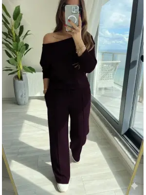 Kadın Uzun Kollu Tek Omuzdan Açık Modal Bluz Ve Pantolon Ikili Mürdüm Takım