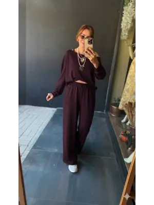 Kadın Uzun Kollu Tek Omuzdan Açık Viskon Iki Iplik Bluz Ve Pantolon Ikili Takım