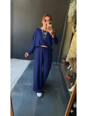 Kadın Uzun Kollu Tek Omuzdan Açık Viskon Iki Iplik Bluz Ve Pantolon Ikili Takım