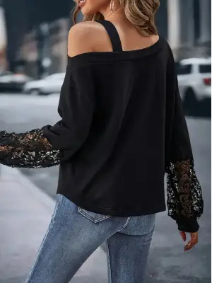 Kadın Uzun Kollu Tek Omuzu Açık Dantelli Viskon Iki Iplik Bluz