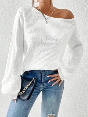 Kadın Uzun Kollu Tek Omuzu Açık Detaylı Triko Bluz